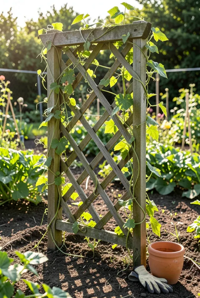 A climbing vine trained up a wooden trellis, morning light casting lattice shadows.