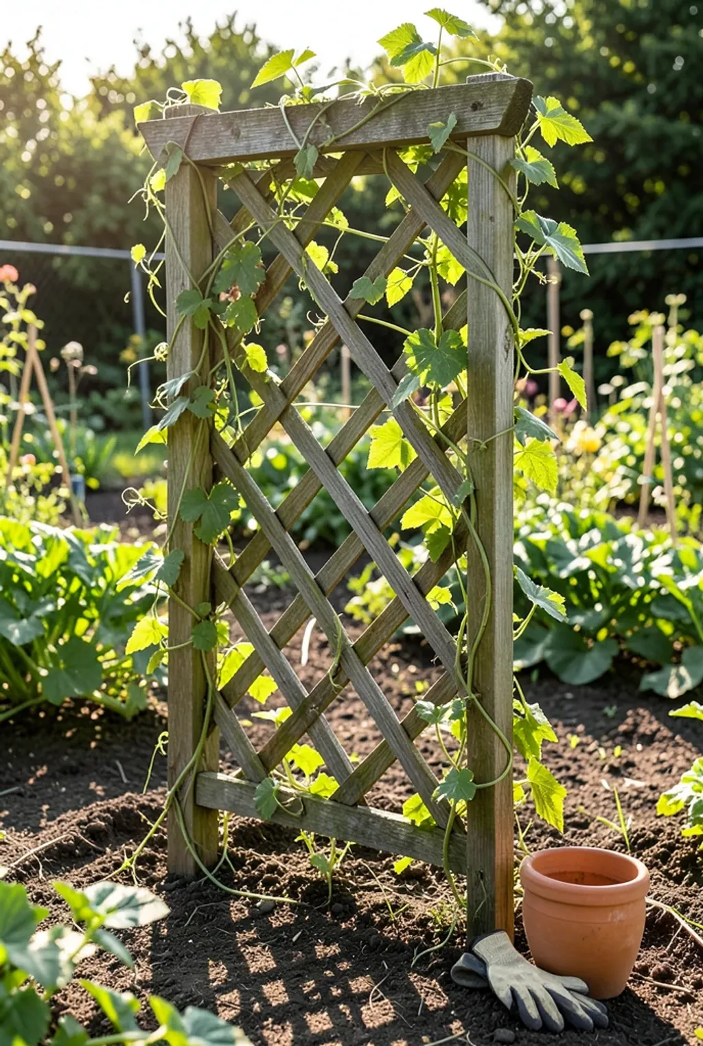 A climbing vine trained up a wooden trellis, morning light casting lattice shadows.