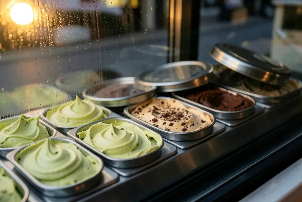 Gelato display case with pistachio, stracciatella and hazelnut pans in warm afternoon side light