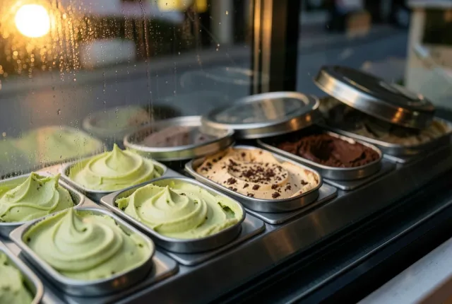 Gelato display case with pistachio, stracciatella and hazelnut pans in warm afternoon side light