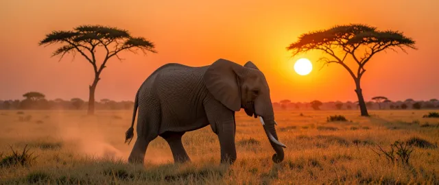 Majestic African elephant walking across golden savanna at sunset with acacia silhouette and soft dust