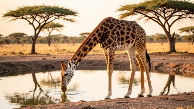 Tall giraffe bending gracefully to drink from a calm waterhole with acacia reflections and golden light