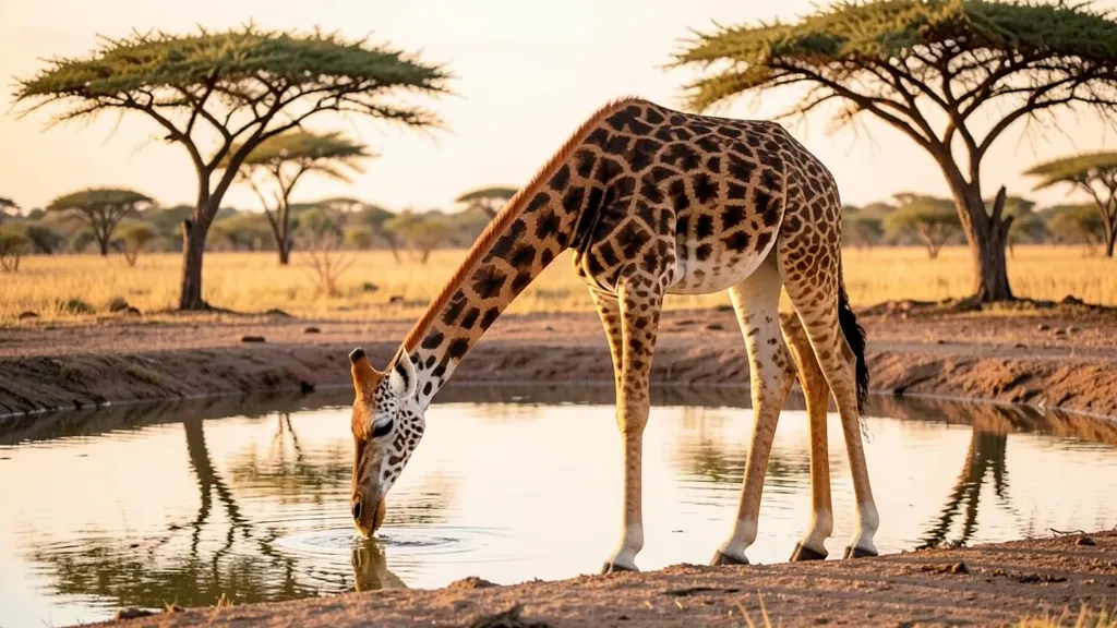 Tall giraffe bending gracefully to drink from a calm waterhole with acacia reflections and golden light