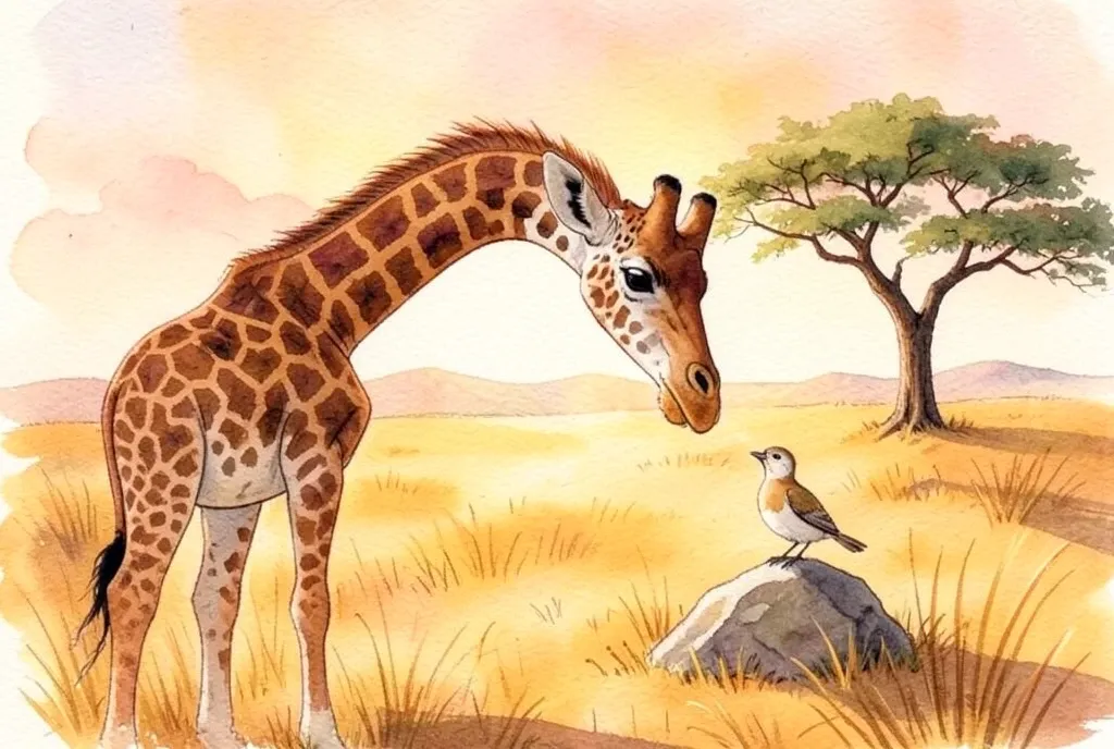 Children's book illustration of a giraffe bending down to meet a tiny bird on a rock at golden sunset