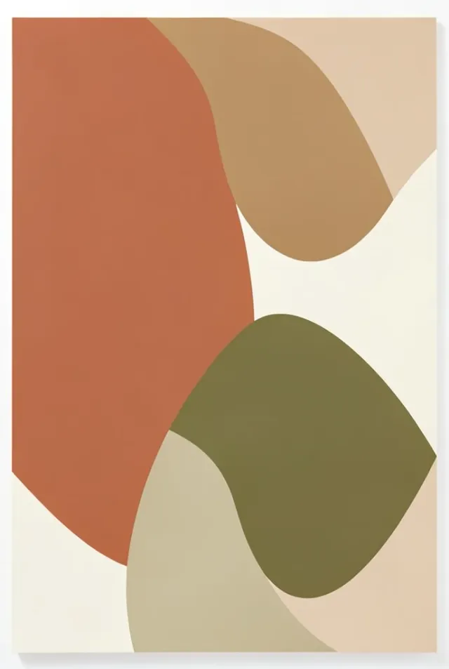 Geometric abstract wall art with overlapping organic shapes in terracotta, sand, olive, and cream