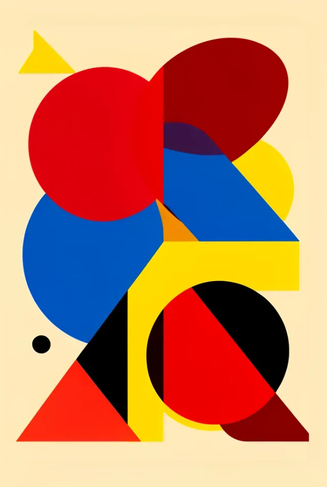 Bauhaus poster with bold overlapping circles, triangles, and rectangles in primary colors on cream