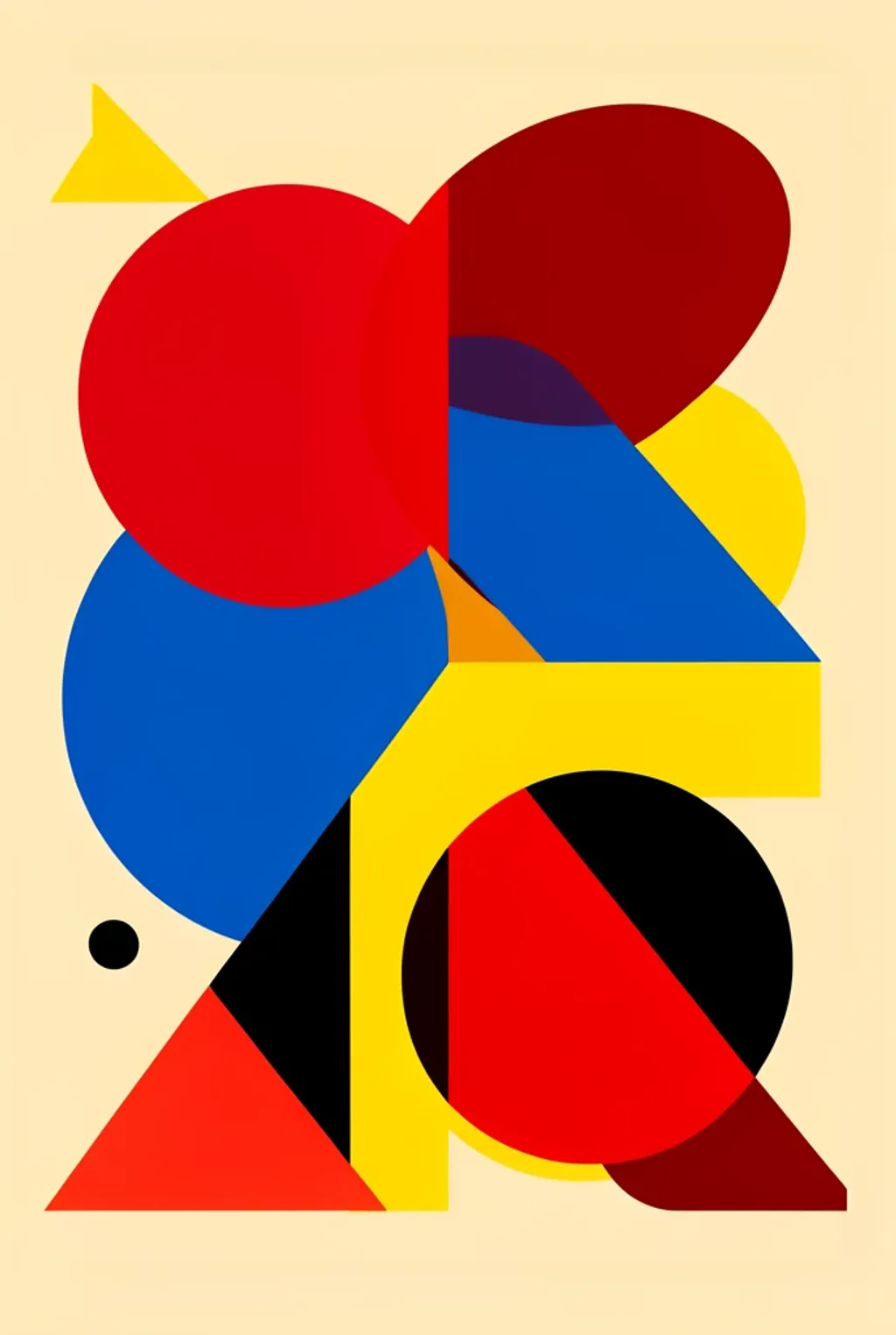 Bauhaus poster with bold overlapping circles, triangles, and rectangles in primary colors on cream