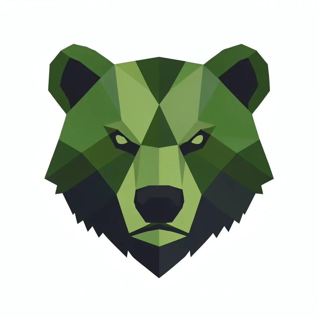 Geometric bear head logo formed from strong angular triangles in forest green and charcoal on white