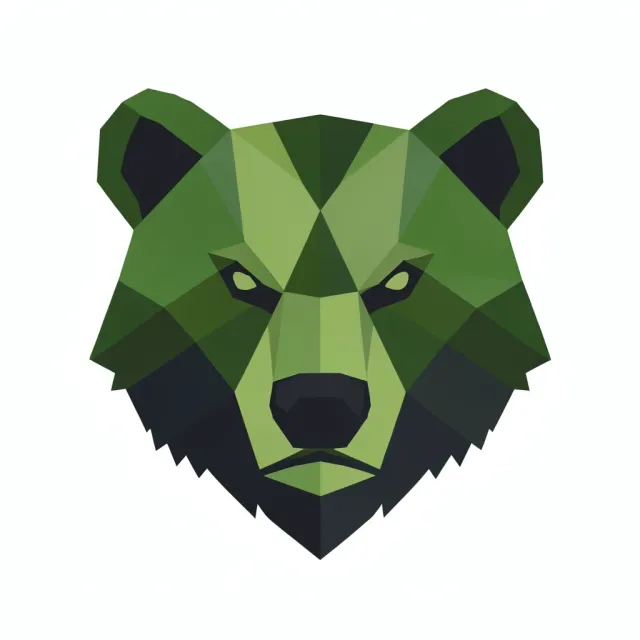 Geometric bear head logo formed from strong angular triangles in forest green and charcoal on white