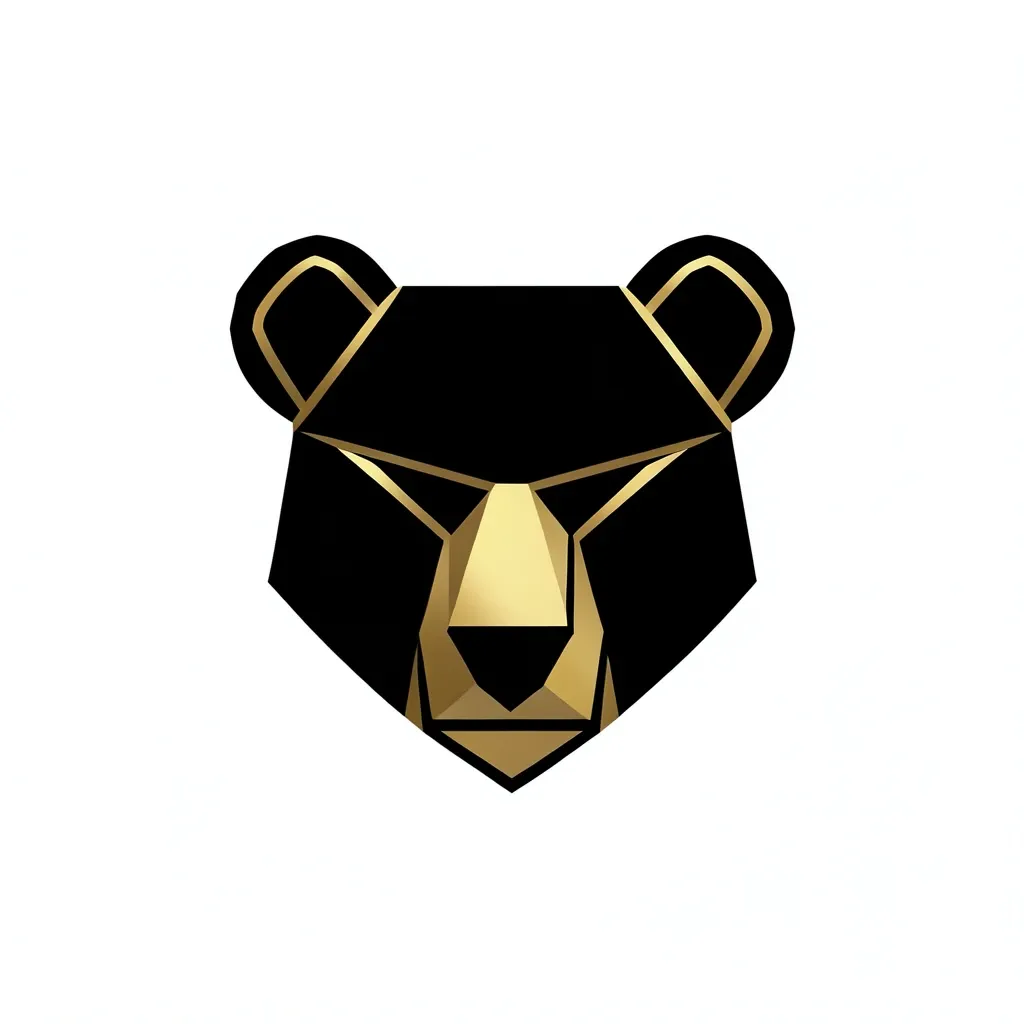 Minimalist geometric bear-head logo built from black and gold triangles, front-facing and symmetrical on white