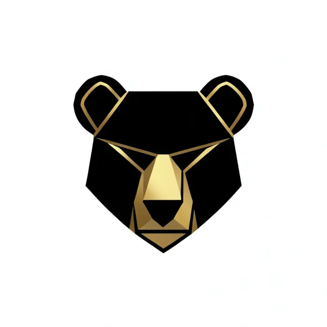 Minimalist geometric bear-head logo built from black and gold triangles, front-facing and symmetrical on white