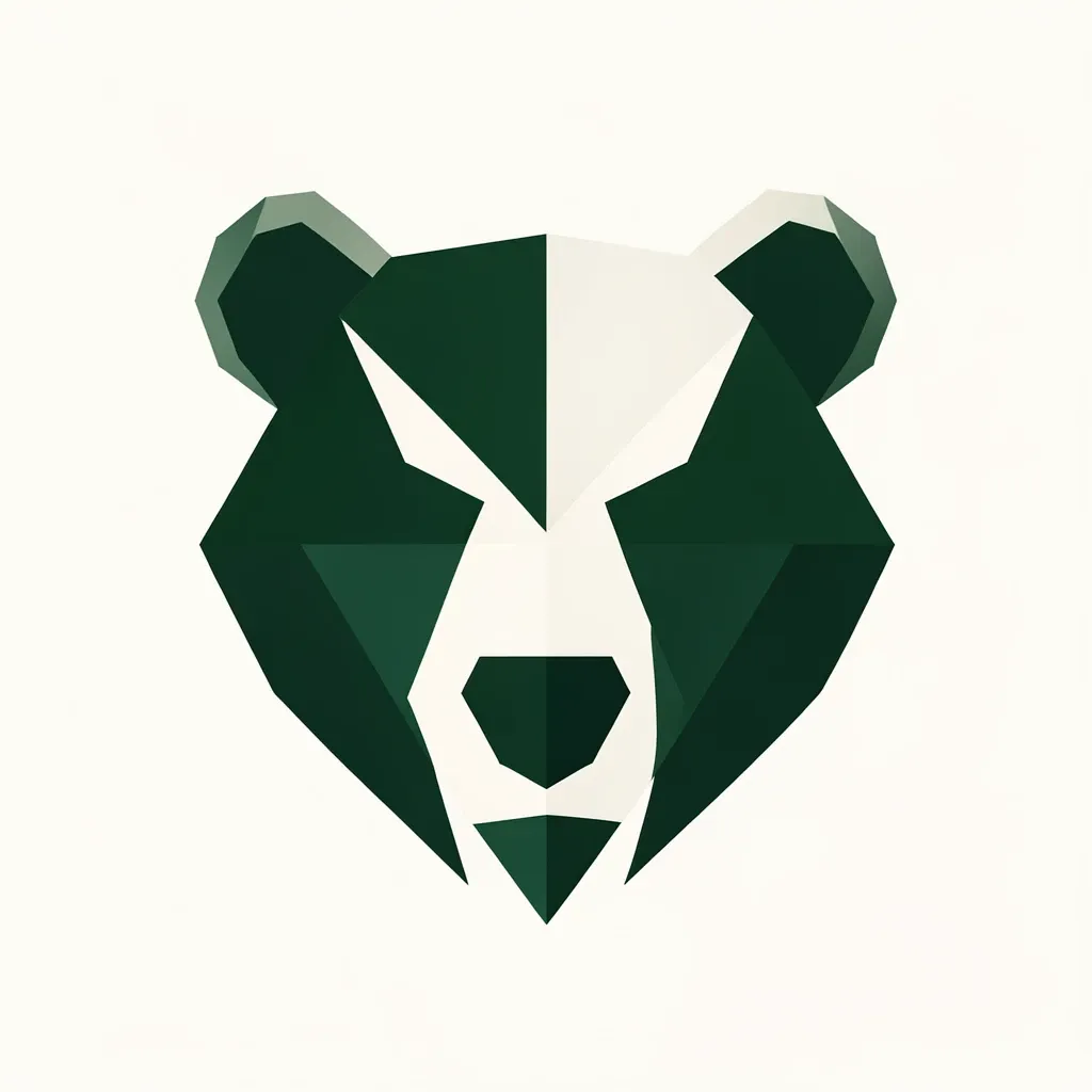 A faceted geometric bear head logo in forest green