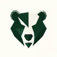 A faceted geometric bear head logo in forest green