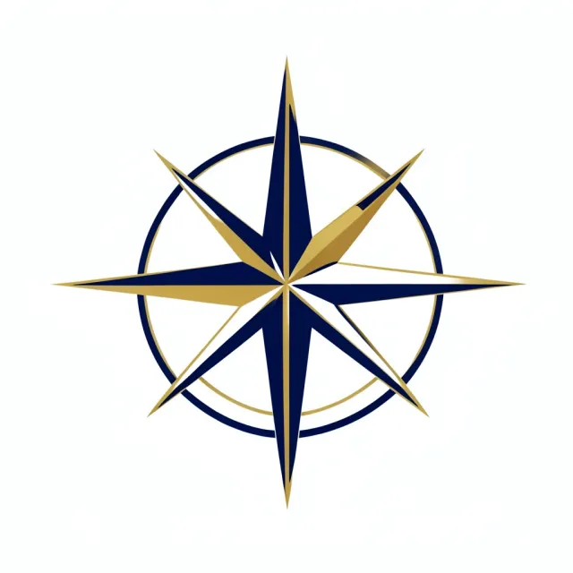 Geometric compass rose mark with triangles and radial lines in navy blue and gold on white