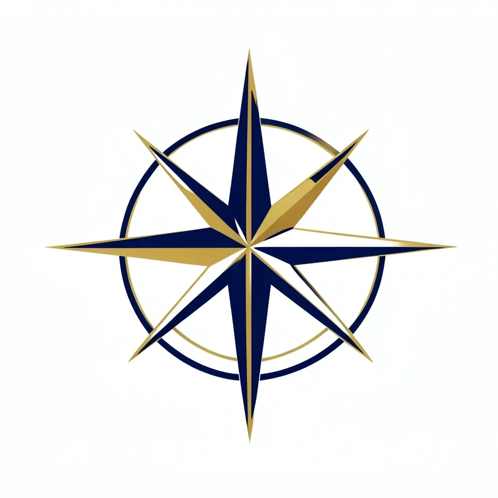 Geometric compass rose mark with triangles and radial lines in navy blue and gold on white