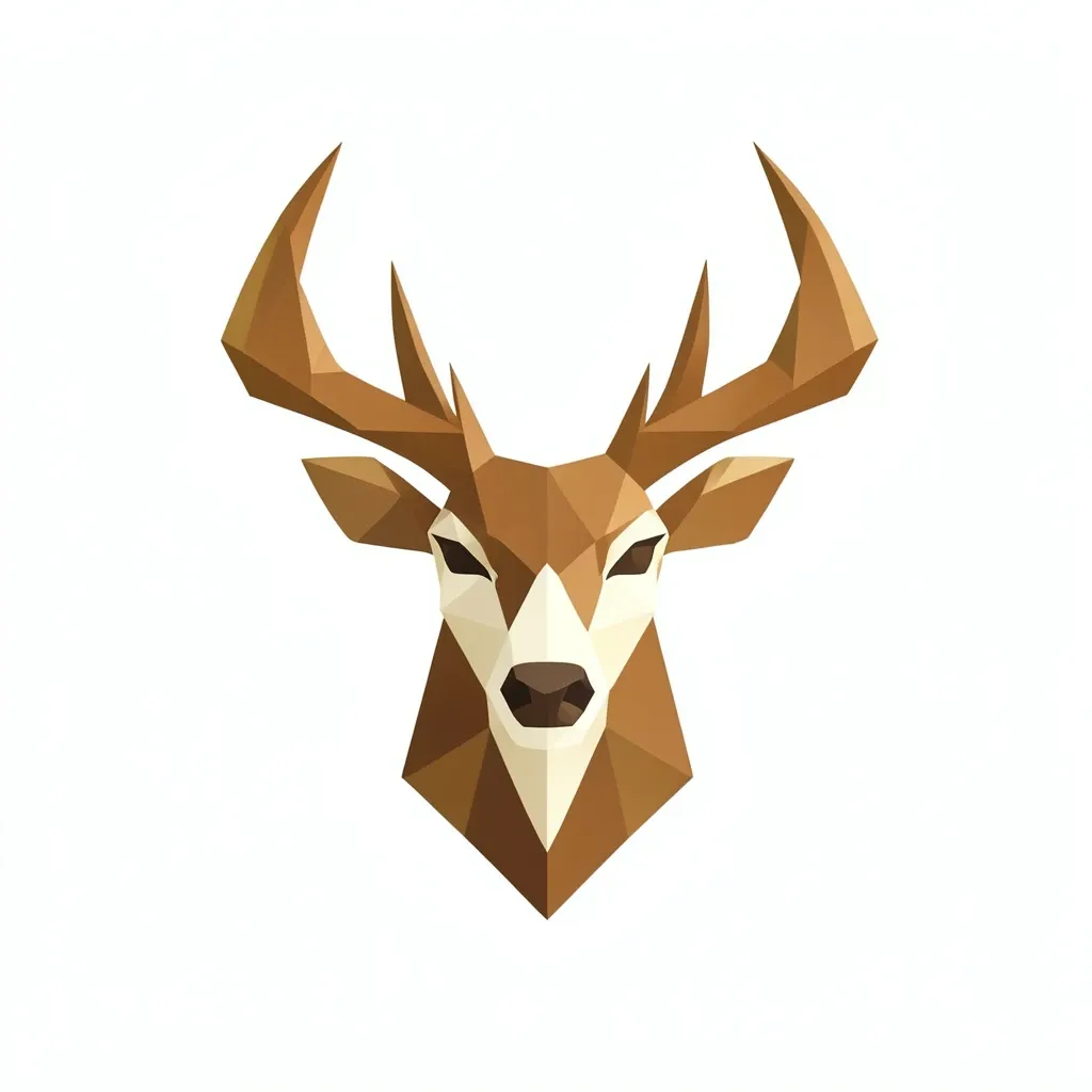 Geometric deer head logo formed from clean triangular facets in warm brown and cream on white