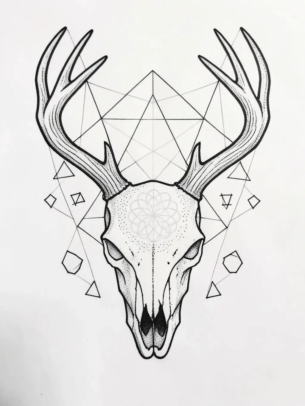 Geometric deer skull tattoo with faceted antlers, flower of life pattern and sacred geometry symbols on white