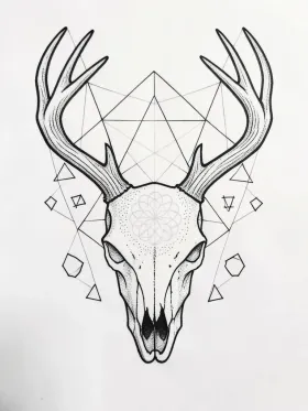 Geometric deer skull tattoo with faceted antlers, flower of life pattern and sacred geometry symbols on white