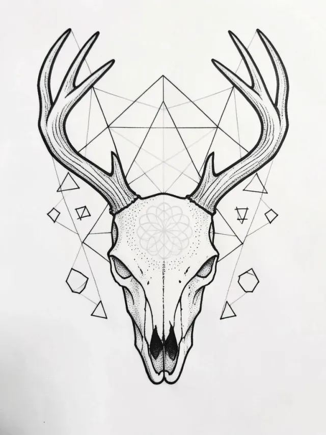 Geometric deer skull tattoo with faceted antlers, flower of life pattern and sacred geometry symbols on white