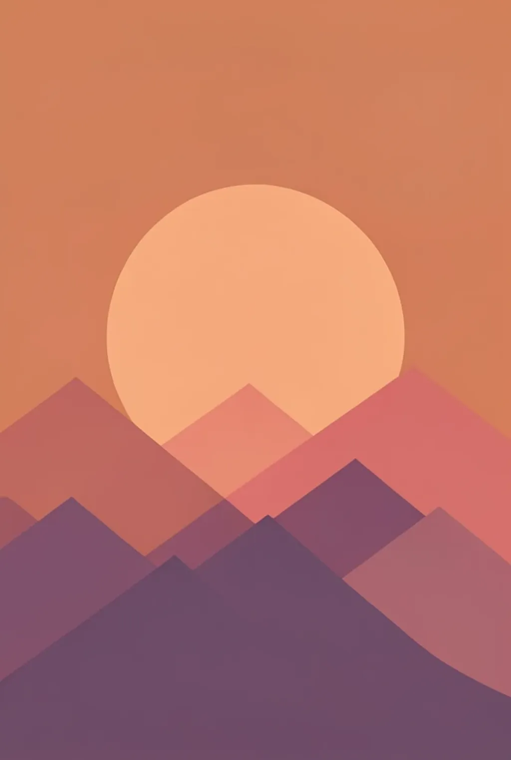 Geometric desert sunset with layered mesas and a large sun in terracotta, coral, and purple