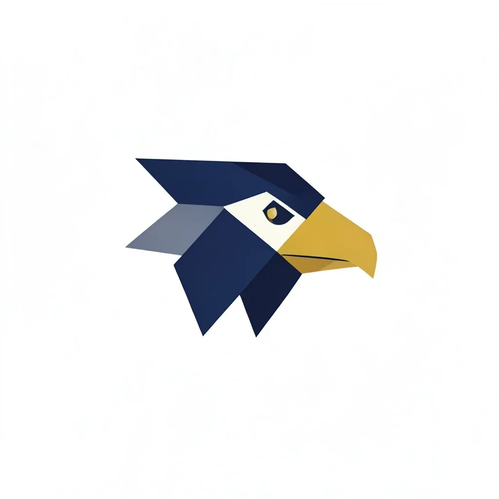 Minimal geometric eagle head logo built from navy and gold triangles, a flat vector emblem on white