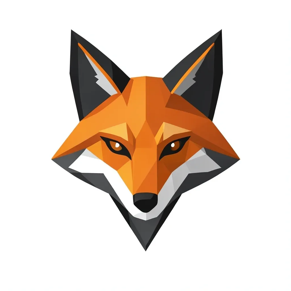 Geometric fox head logo formed from sharp triangles in burnt orange and charcoal on white