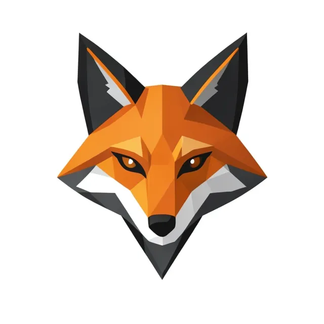 Geometric fox head logo formed from sharp triangles in burnt orange and charcoal on white