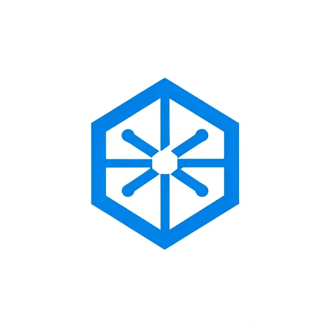 Flat electric-blue hexagon tech logo with a circuit-node motif in negative space on white