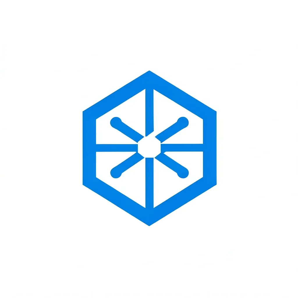Flat electric-blue hexagon tech logo with a circuit-node motif in negative space on white