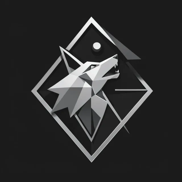 Geometric howling wolf badge with angular shapes in silver and charcoal on dark background