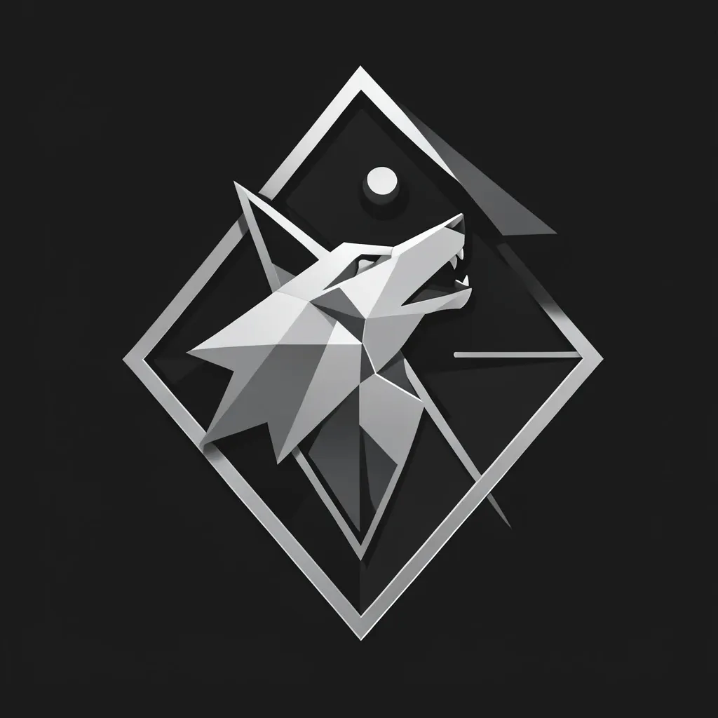 Geometric howling wolf badge with angular shapes in silver and charcoal on dark background