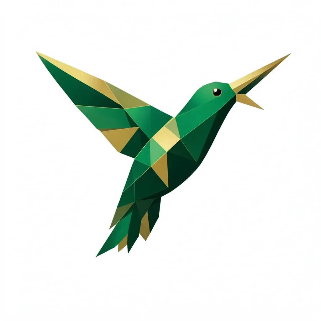 Geometric hummingbird in flight formed from angular triangles in emerald green and gold on white