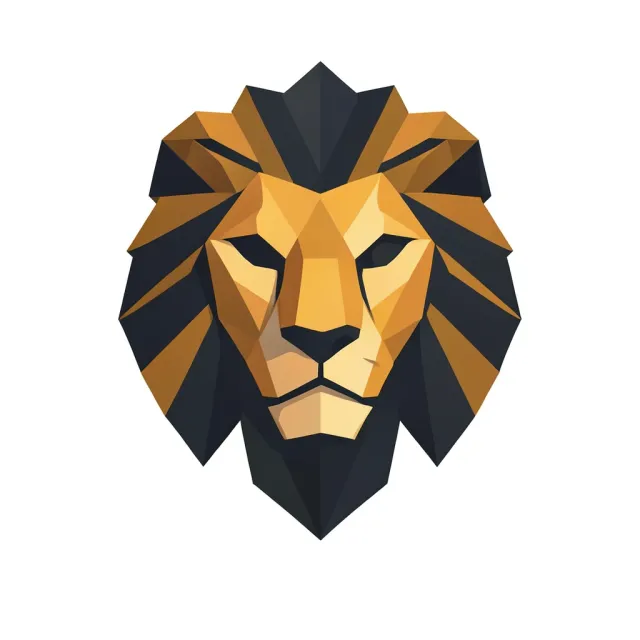 Geometric lion head mark built from triangular facets in amber and charcoal on white background