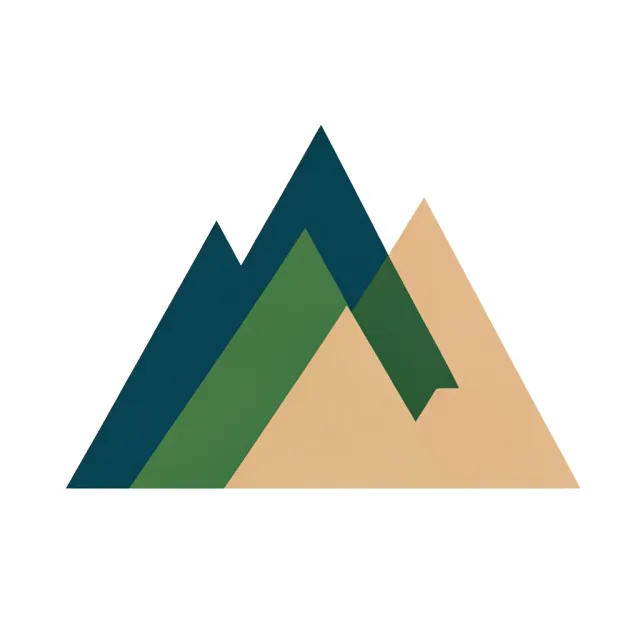Geometric mountain logo mark with three overlapping triangular peaks in teal, green, and sand on white