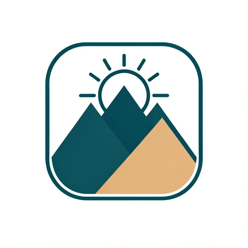 Minimalist geometric mountain range badge logo in teal and sand with a simple line-art sun
