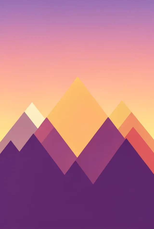 Geometric layered mountain peaks in purple, coral, and gold sunrise colors as flat vector art