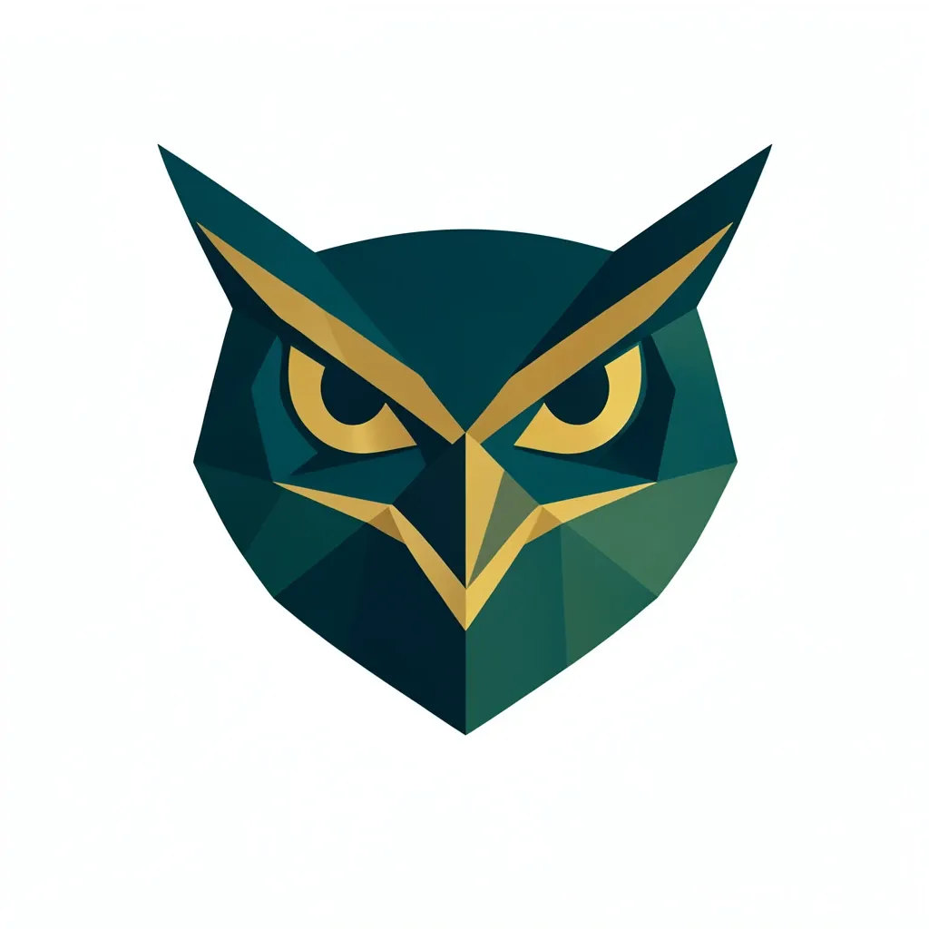 Geometric owl head logo formed from angular triangles in deep teal and gold on white