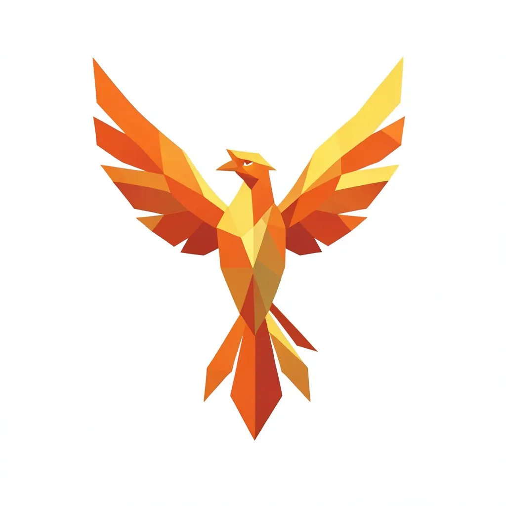 Geometric phoenix rising logo with angular wings and tail feathers in flame orange and gold on white