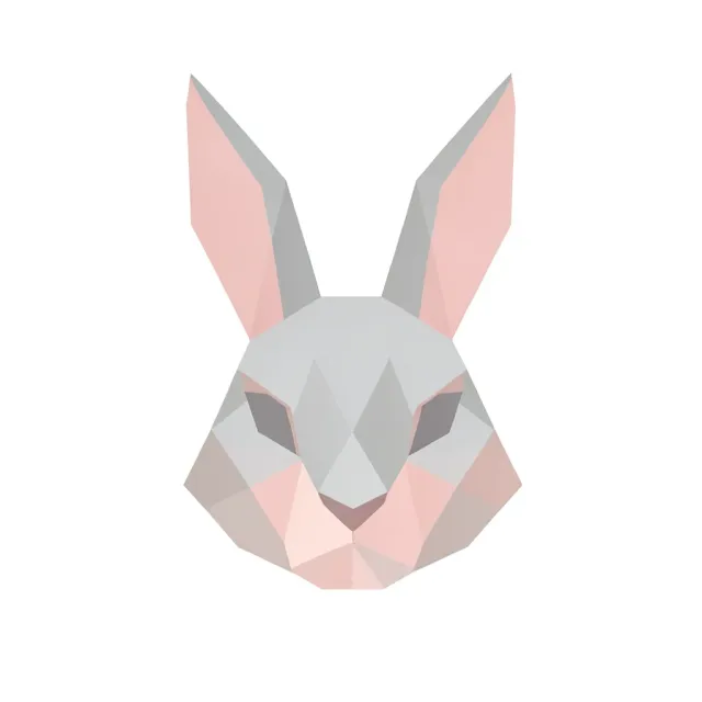 Geometric rabbit head logo formed from clean triangular facets in soft grey and blush pink on white