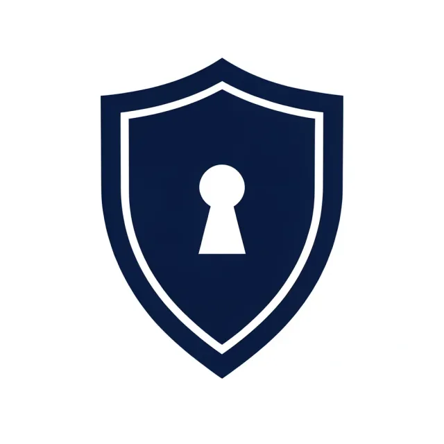 Flat deep-navy security logo, a bold shield with a keyhole cut in negative space on white