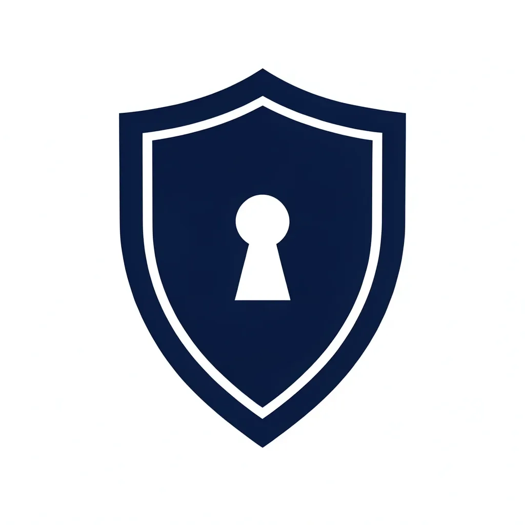 Flat deep-navy security logo, a bold shield with a keyhole cut in negative space on white