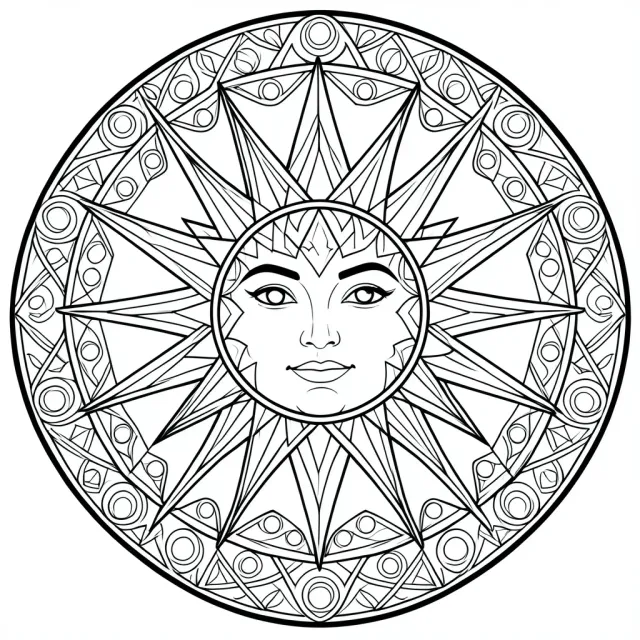 Geometric sun mandala coloring page with radiating symmetrical patterns