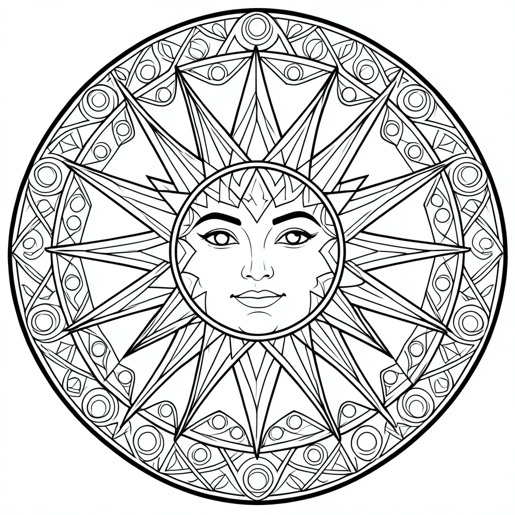 Geometric sun mandala coloring page with radiating symmetrical patterns