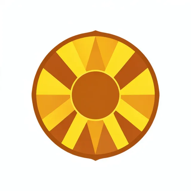 Circular geometric sunburst badge with radiating rays and central circle in yellow and burnt orange on white