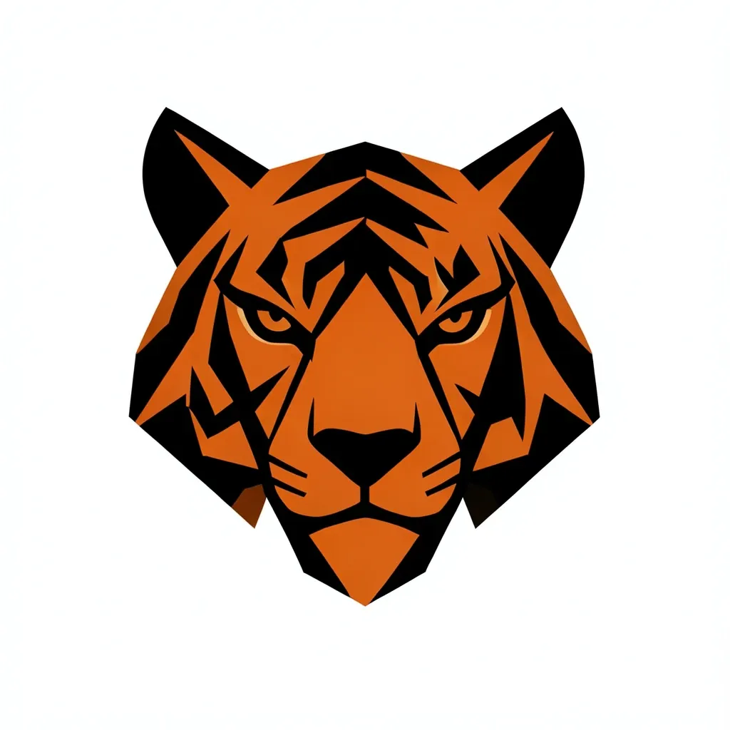 Geometric tiger head logo formed from bold triangular stripes in burnt orange and black on white