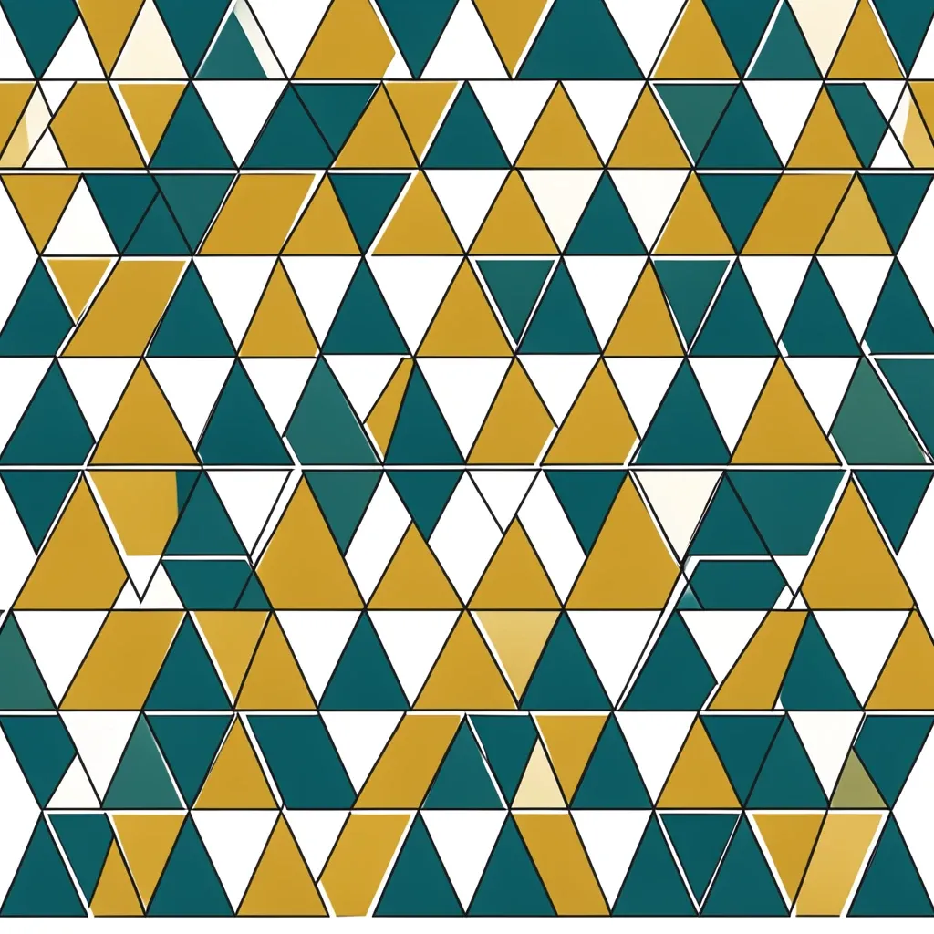 Seamless repeating pattern of interlocking triangles in mustard teal and off-white with charcoal grid lines