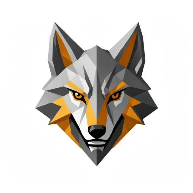 Geometric wolf head logo formed from sharp angular triangles in steel grey and amber on white