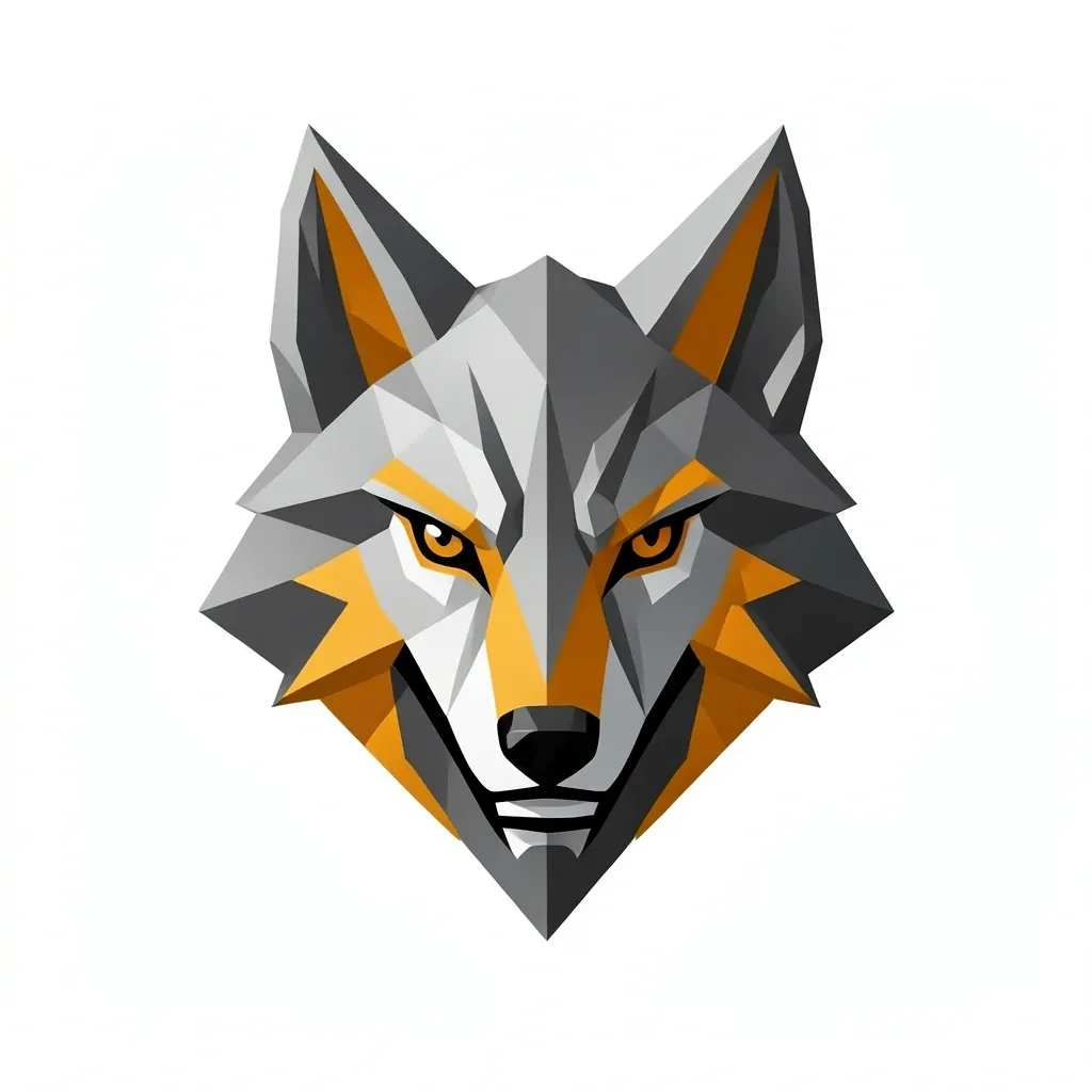 Geometric wolf head logo formed from sharp angular triangles in steel grey and amber on white