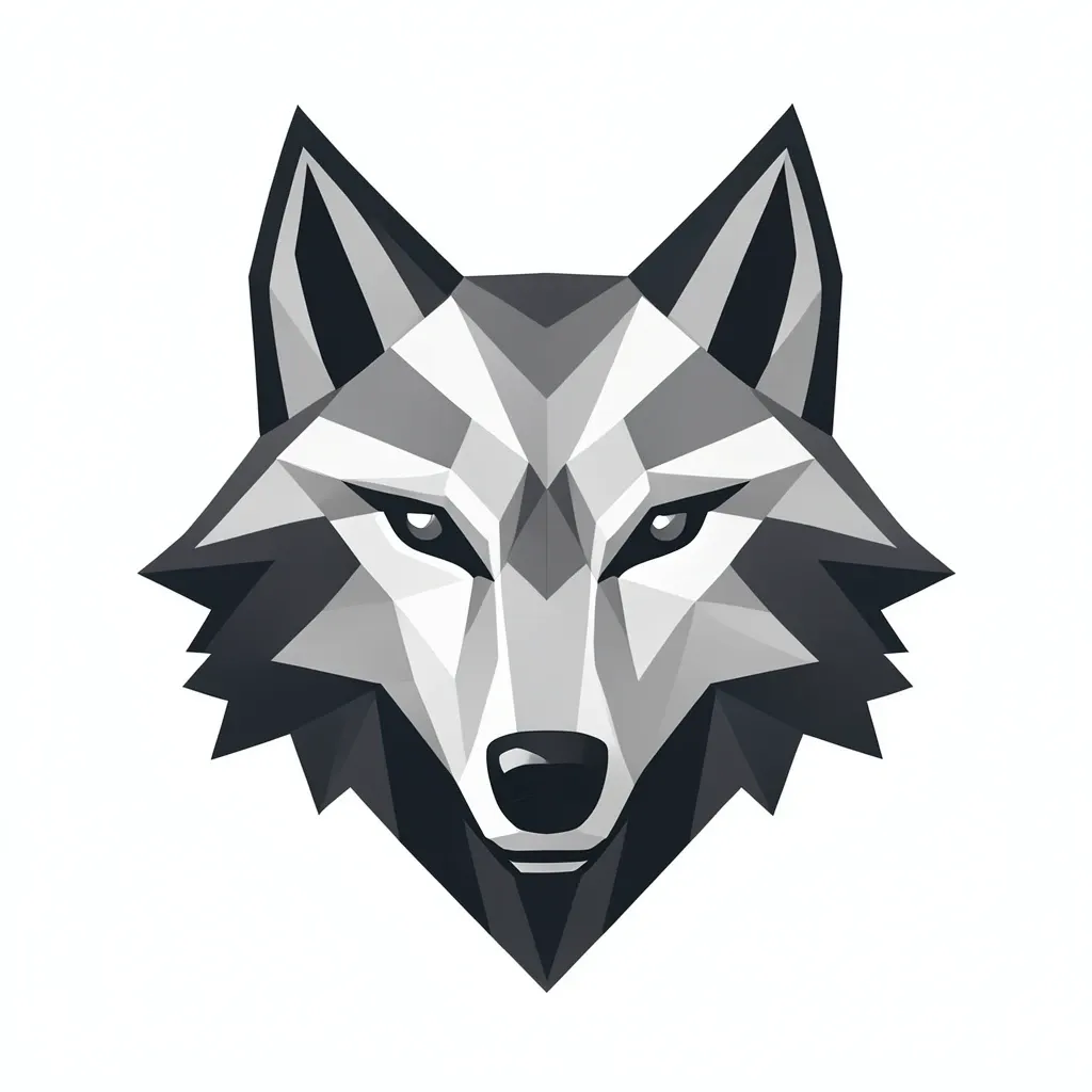 Geometric wolf head logo built from angular triangles in silver grey and charcoal on white