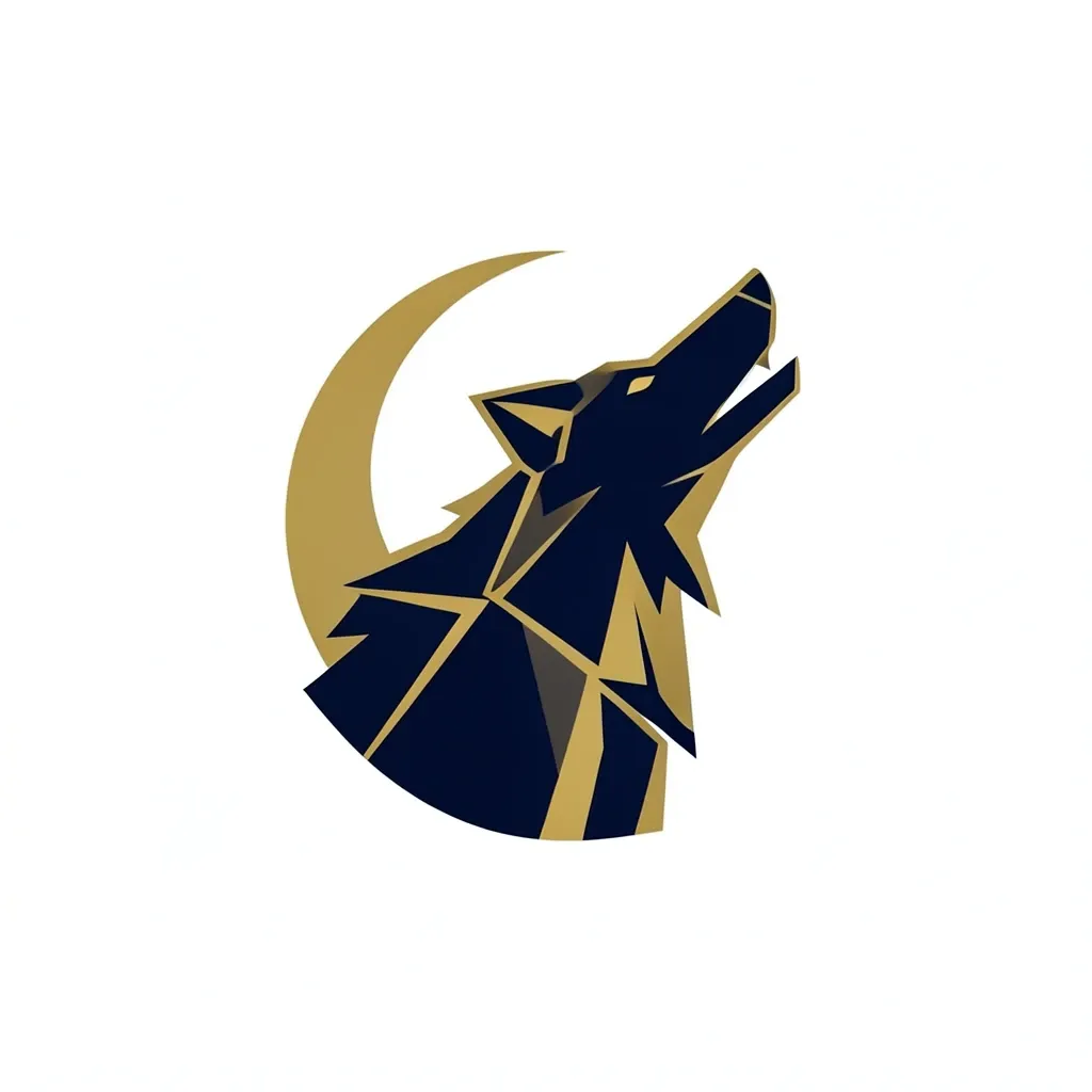 Geometric howling wolf logo with a negative-space moon in navy and gold